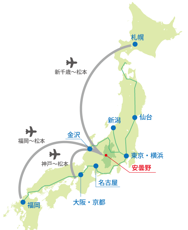 日本地図　ビューホテルまでのルート図